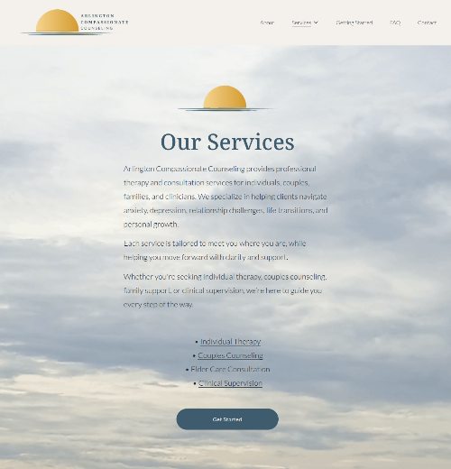 Screenshot of Arlington Consultative Counseling services webpage with blue sky and clouds background, featuring a sun icon, section titled 'Our Services,' and a 'Get Started' button.