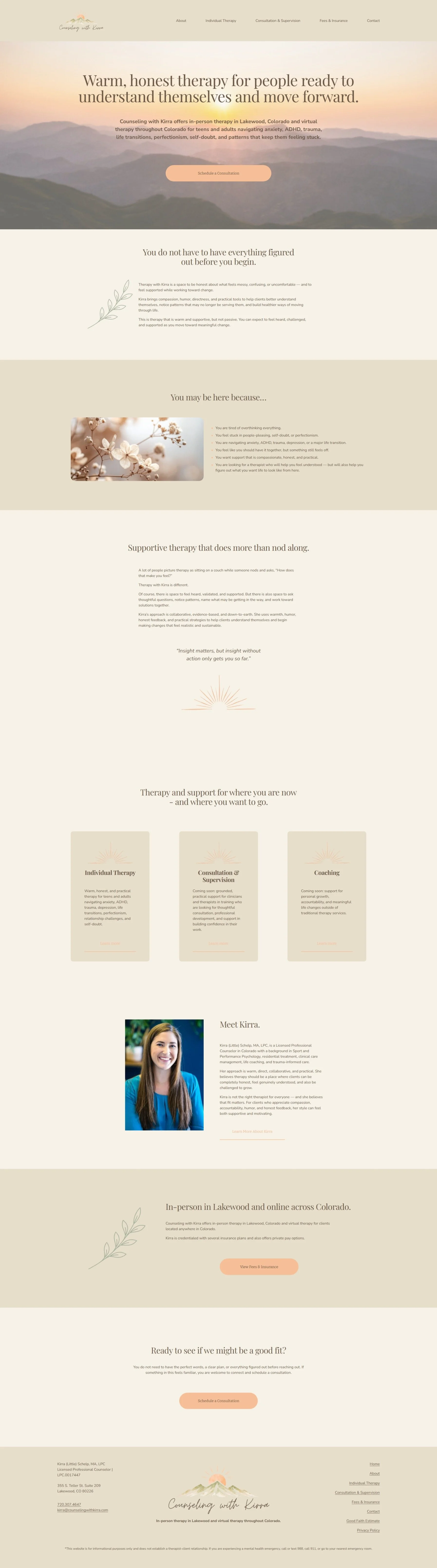 A calming website homepage for Counseling with Kirra, featuring a scenic mountain landscape background, soft colors, and sections about therapy services, a personal introduction to Kirra, and contact information.