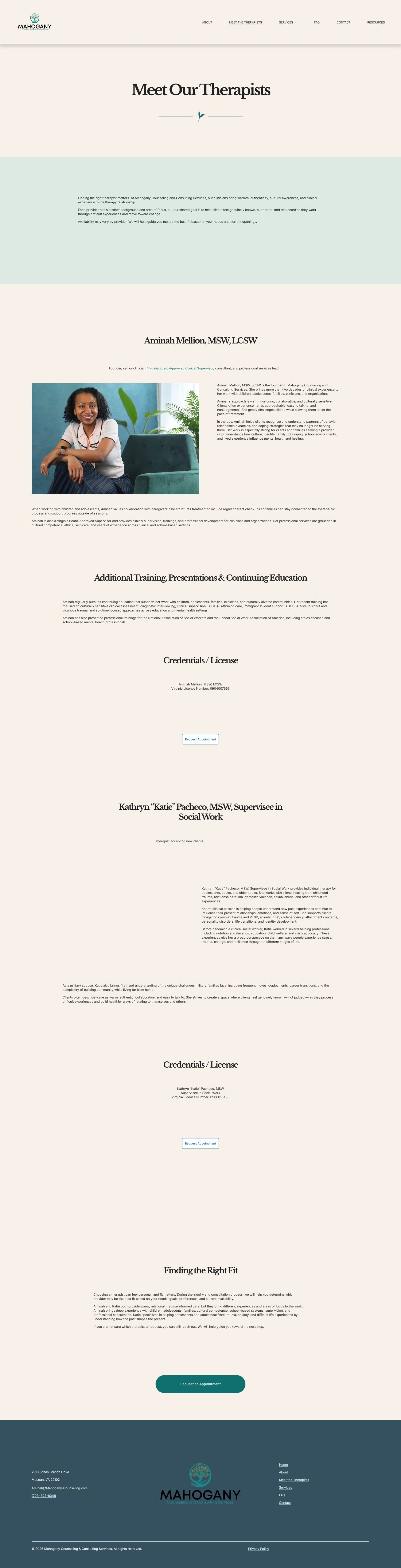 A webpage for Mahogany, a therapy and social work practice. The page features a header with logos and navigation links, a main section titled ‘Meet Our Therapists’ with a photo of a smiling woman sitting on a couch, and information about her credentials. There are sections about additional training and credentials, with buttons to request an appointment. The footer contains contact information, address, and social media links.