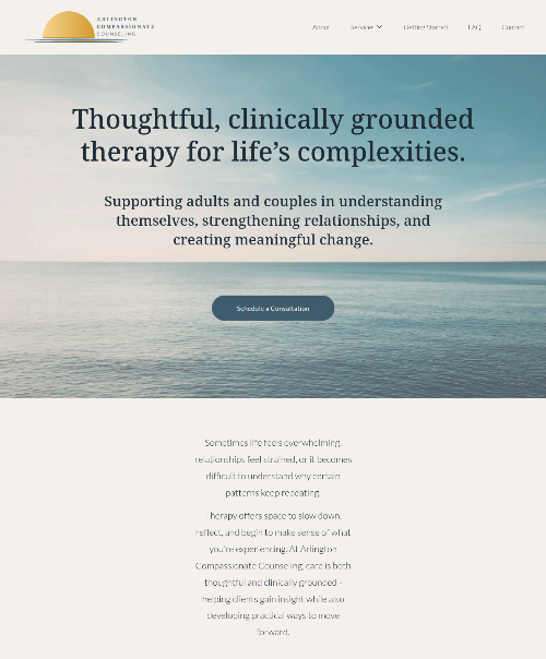 Screenshot of a website homepage for Arlington Compassionate Counseling featuring a sky and ocean background and text about therapy services.
