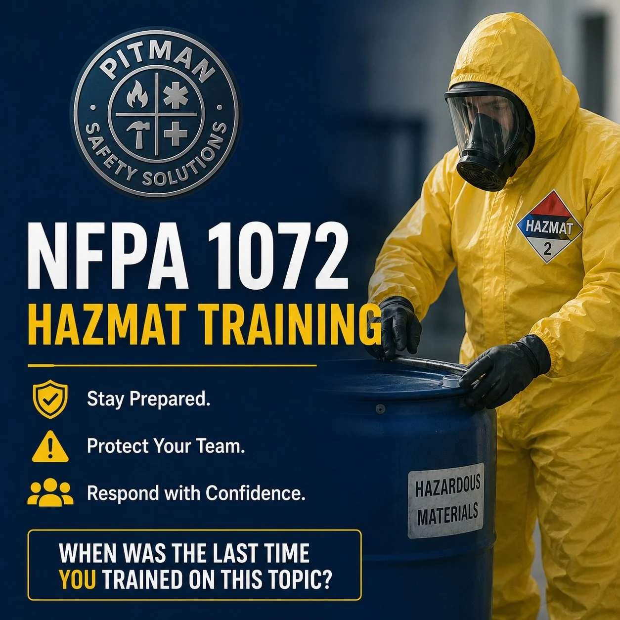 ⚠️☣️HAZMAT Training☢️⚠️ 

Training is not an expense &mdash; it&rsquo;s an investment in your firefighters, your department, and your community.

Incidents are becoming more complex, and skills are perishable. Whether it&rsquo;s NFPA 1072 HazMat Oper