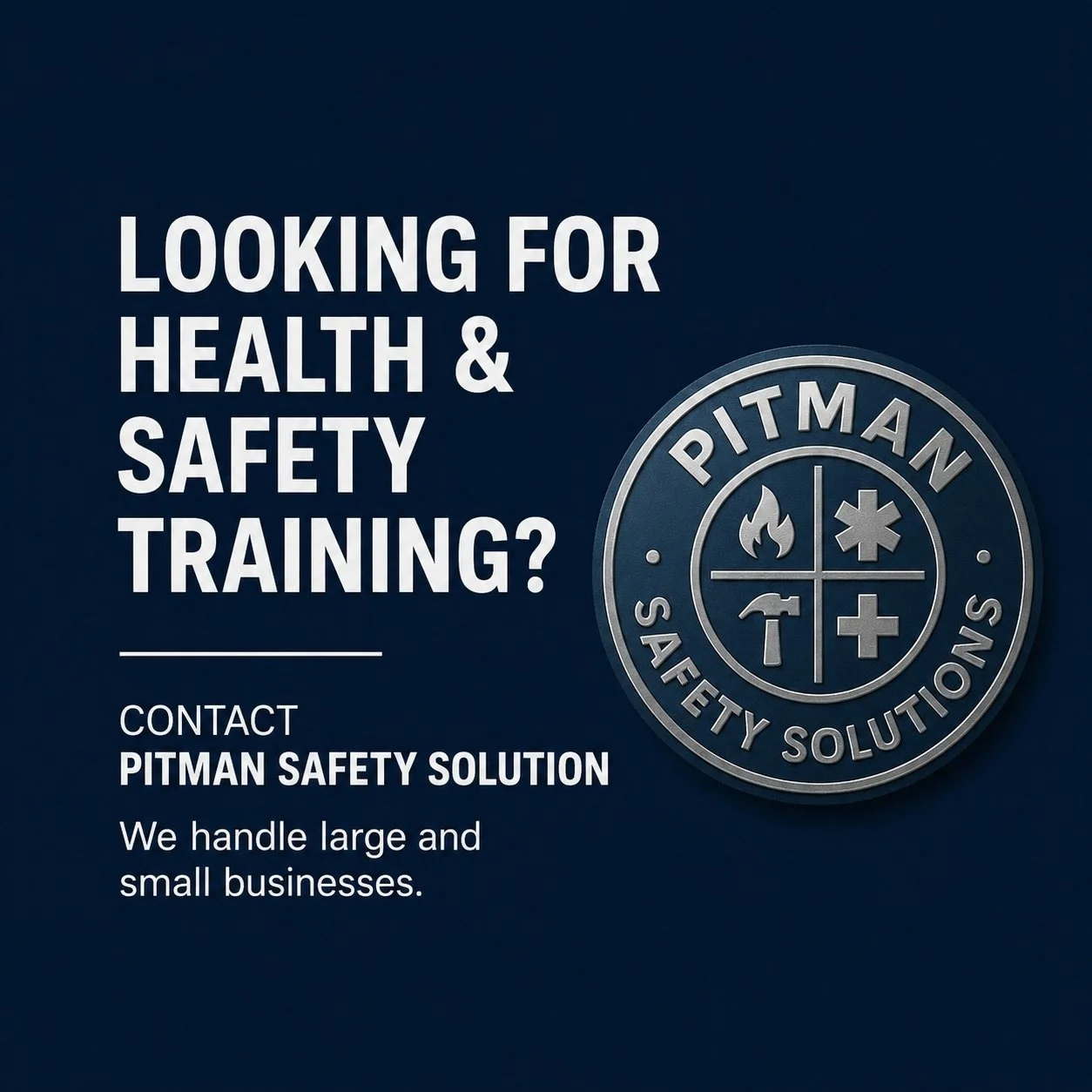 Looking for Health &amp; Safety Training?

Whether you&rsquo;re a small business, large corporation, municipality, or industrial operation, Pitman Safety Solutions provides practical, professional, and compliant health &amp; safety training tailored 