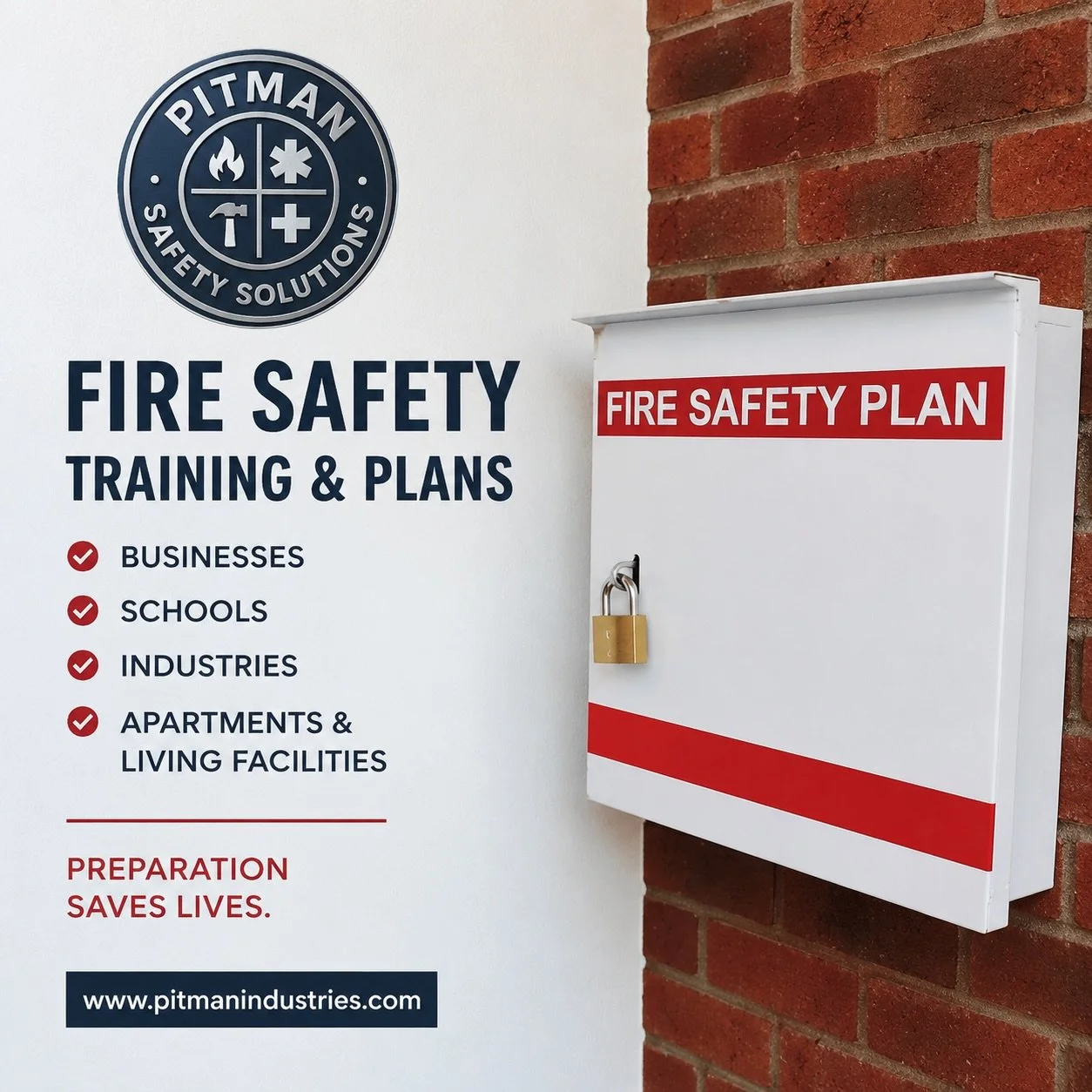 Fire Safety Starts Before an Emergency 

Is your organization prepared?

At Pitman Safety Solutions, we specialize in the design, development, implementation, and review of Fire Safety Plans for:

🏢 Businesses &amp; Commercial Facilities
🏫 Schools 