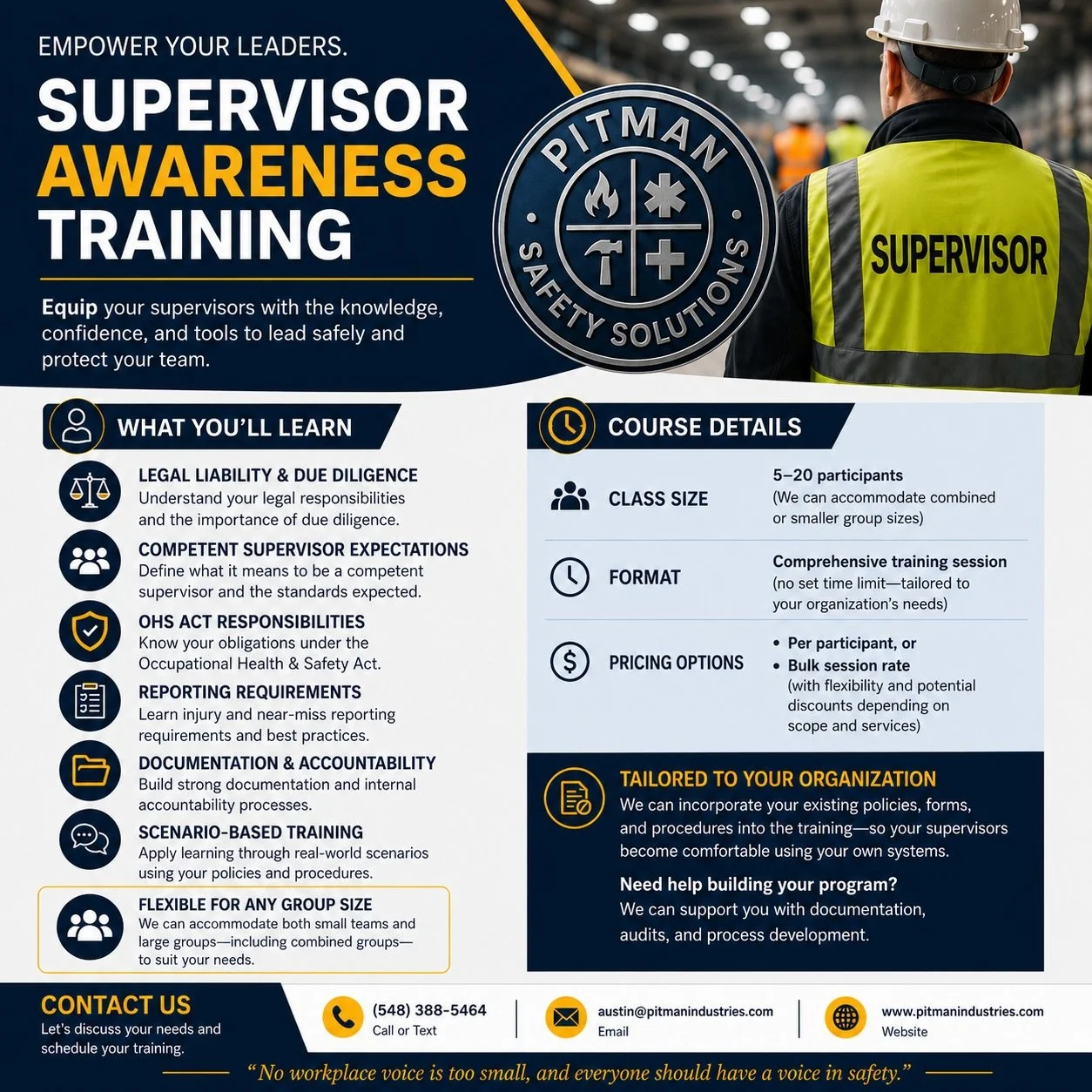 Strong leadership starts with strong safety awareness.

Our Supervisor Awareness Training equips supervisors with the knowledge, confidence, and tools they need to lead safely, understand their legal responsibilities, manage reporting requirements, a