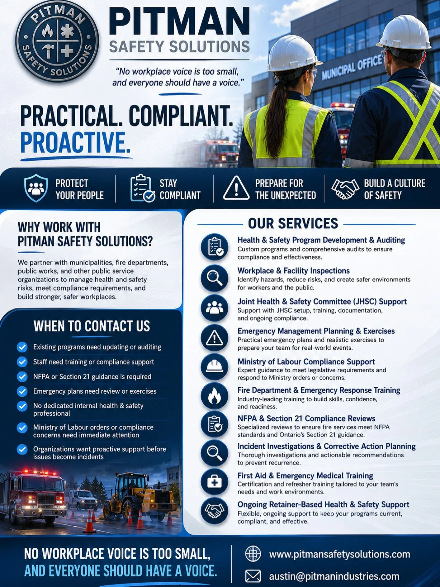 Safety isn&rsquo;t just about compliance&mdash;it&rsquo;s about protecting people.&rdquo;No workplace voice is too small, and everyone should have a voice&rdquo;

At Pitman Safety Solutions, we help municipalities, fire departments, public works team