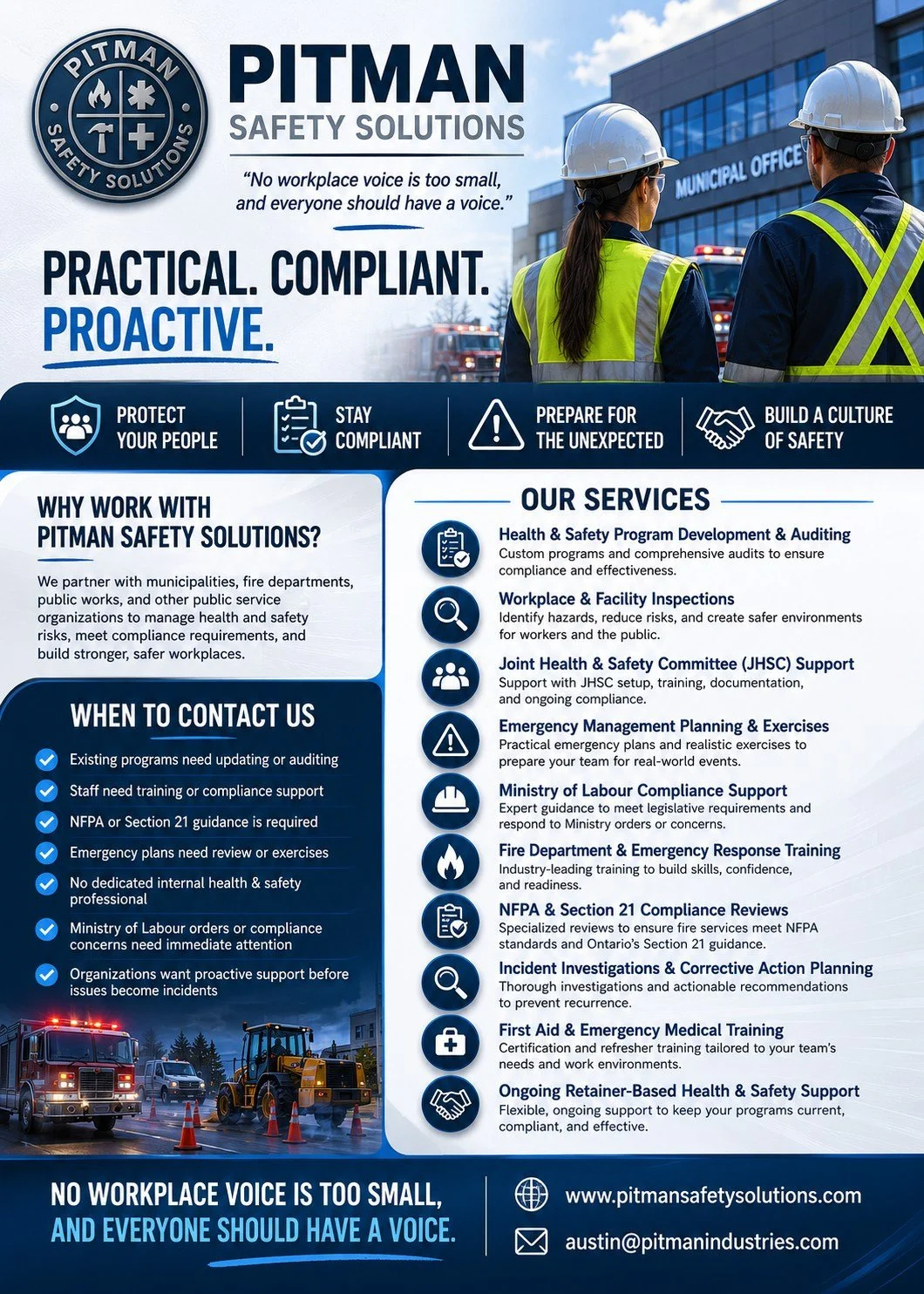 Looking to strengthen your workplace safety program without hiring a full-time safety manager?

At Pitman Safety Solutions, we help municipalities, farms, industrial operations, emergency services, and small businesses across Ontario build safer work