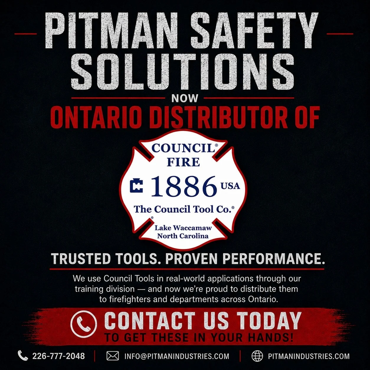 Pitman Safety Solutions is proud to announce that we are now an Ontario Distributor of Council Tool!

These aren&rsquo;t tools we&rsquo;re simply putting on a shelf. We&rsquo;re using Council Tools in real-world applications through our training divi