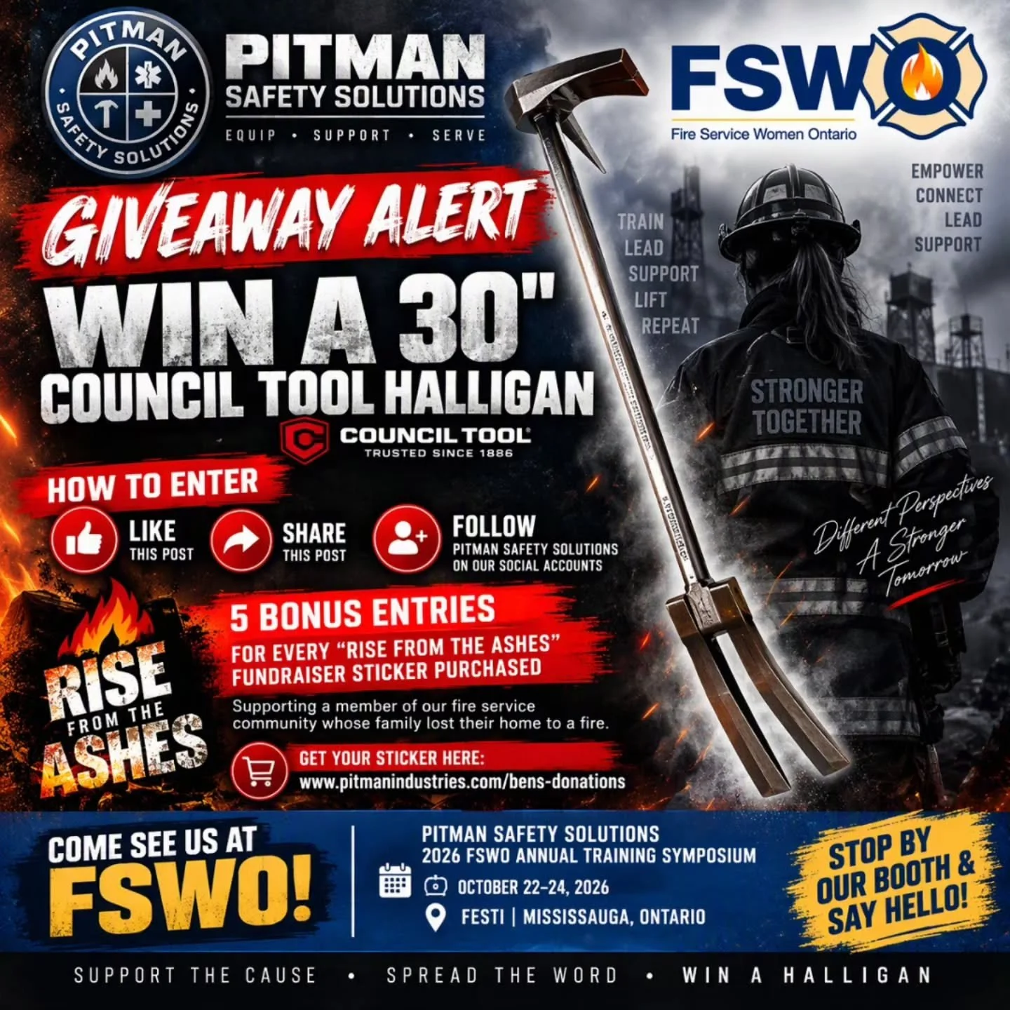 🚨 WIN A 30" COUNCIL TOOL HALLIGAN! 🚨
Pitman Safety Solutions is doing a HALLIGAN GIVEAWAY in support of our Rise From the Ashes fundraiser! 

TO ENTER:
✅ LIKE: Facebook, Instagram 
✅ SHARE
✅ FOLLOW Pitman Safety Solutions Facebook, Insta