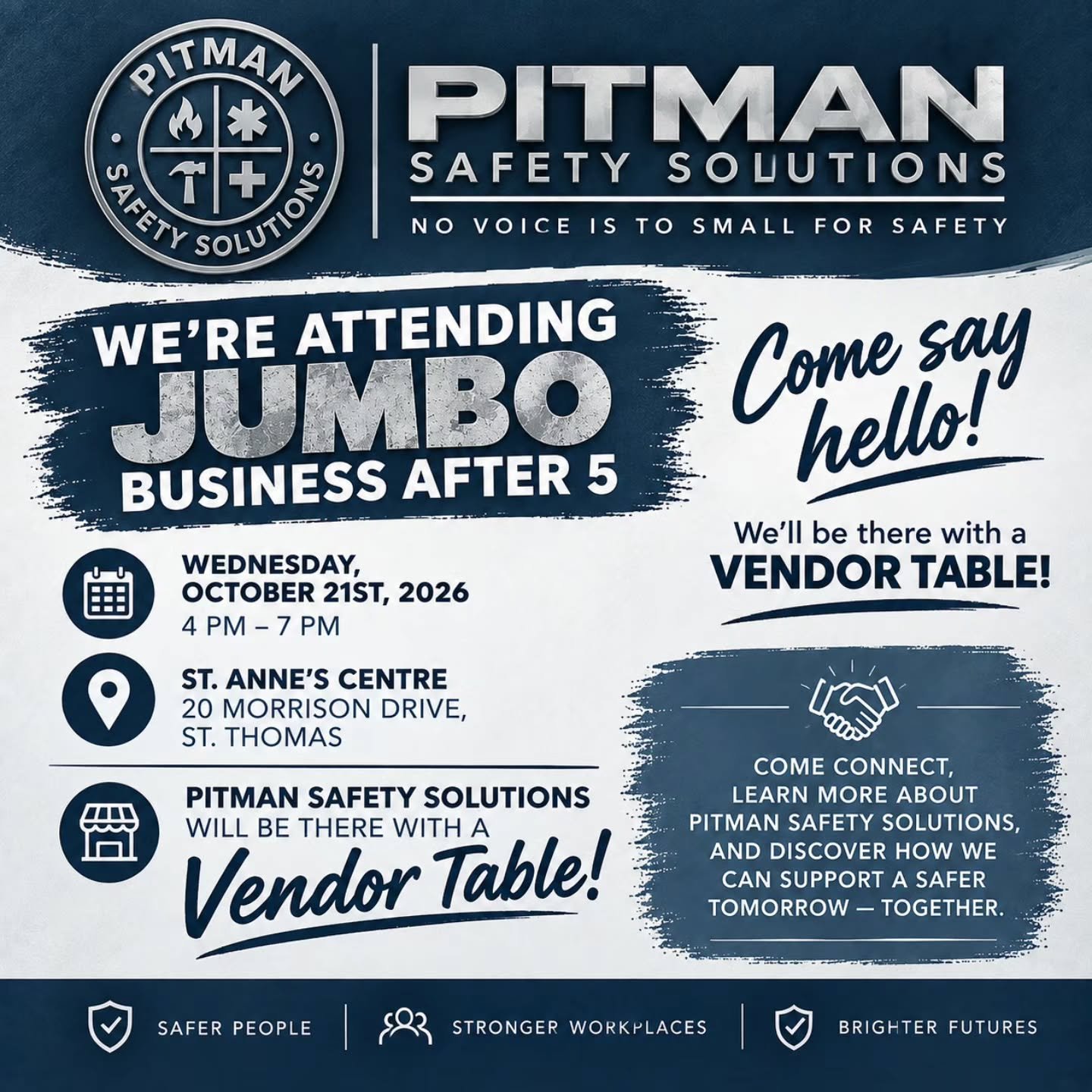 🚨 Pitman Safety Solutions is heading to JUMBO Business After 5! 🚨

We&rsquo;re excited to be attending the St. Thomas &amp; District Chamber of Commerce Small Business Week event &mdash; and we&rsquo;ll have a vendor table!

📅 Wednesday, October 2