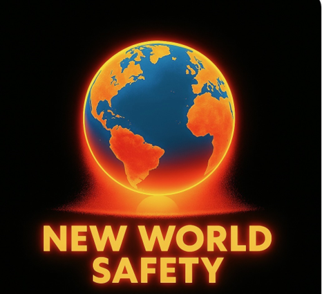 Glowing Earth surrounded by a bright orange outline with the text 'NEW WORLD SAFETY' below.