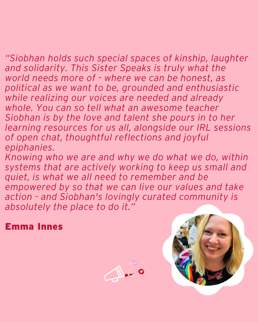 testimonial written in red on a pink background and a photo of Emma