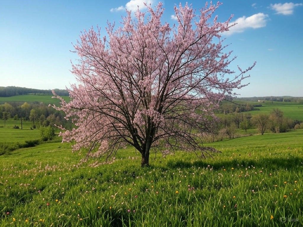 Pink blossoming tree in a green field with rolling hills and blue sky in the background.