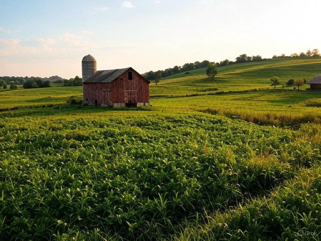 A rural landscape with a red barn, a silo, and rolling green fields under a partly cloudy sky.