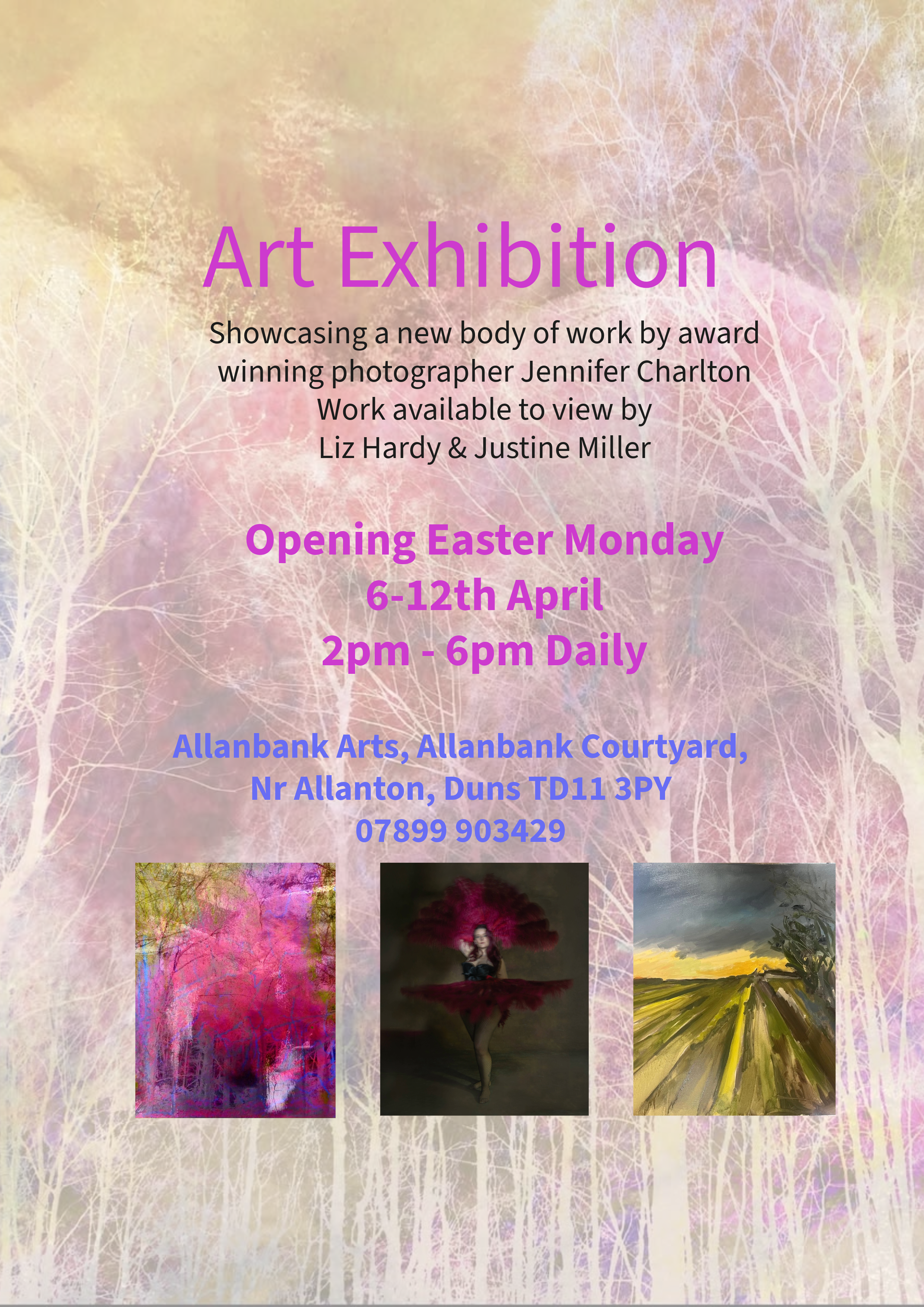 a flyer for the latest exhibition with three examples of art work