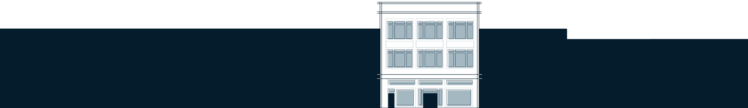 A simple architectural illustration of a five-story building with large windows and a sidewalk in front, set against a white sky and dark background.