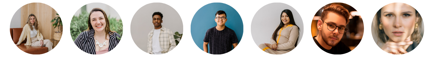 Collage of seven diverse people in various settings, smiling and looking at the camera.