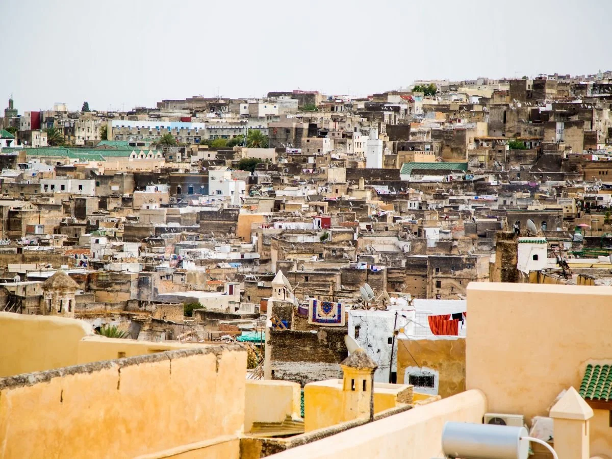 Veduta dall'alto sui tetti e l'intricata architettura della medina di Fez.