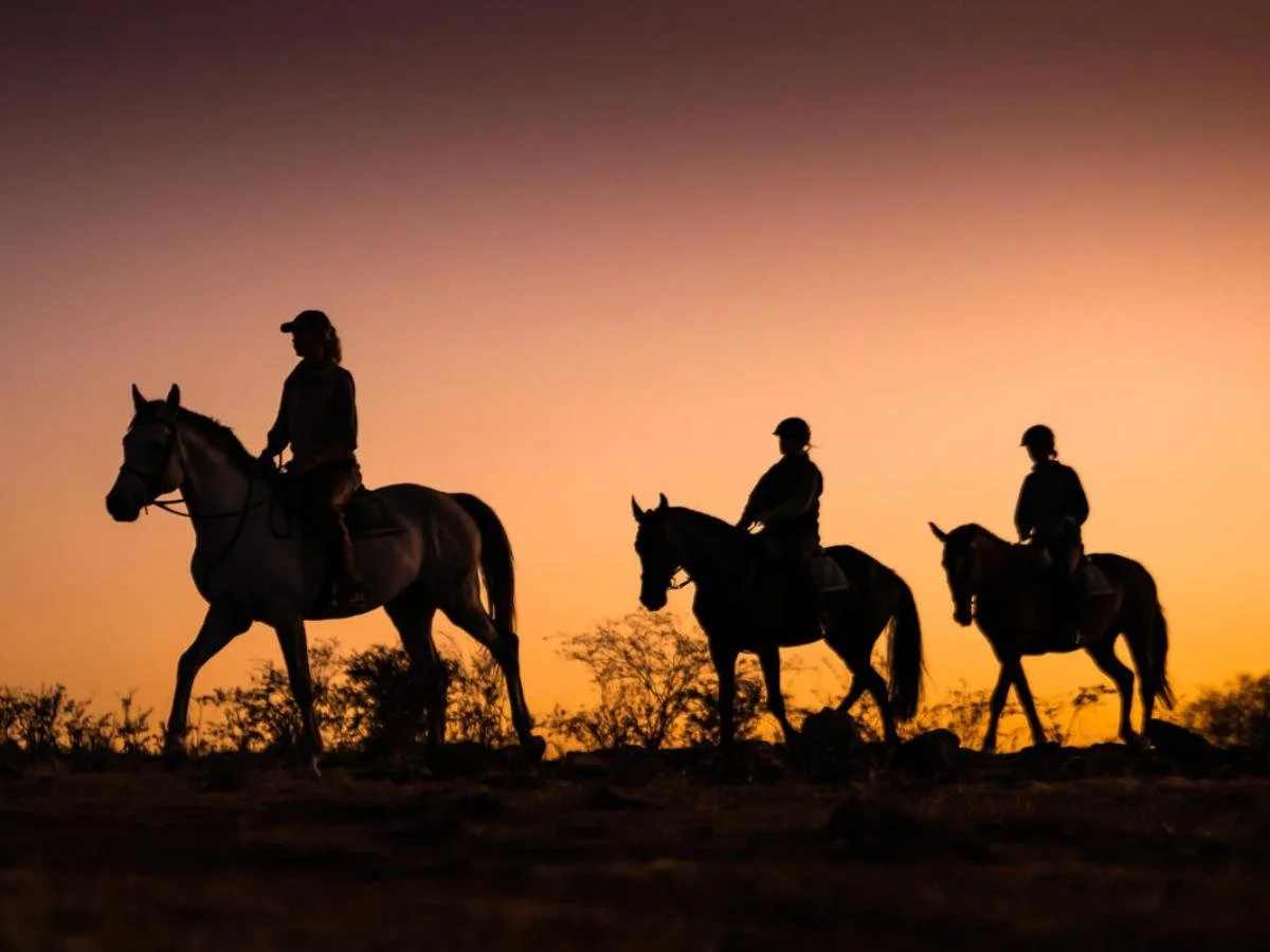 Silhouette di tre persone a cavallo che procedono in fila durante il tramonto. Il cielo è sfumato nei toni dell'arancione e del viola, creando un forte contrasto con le figure scure.
