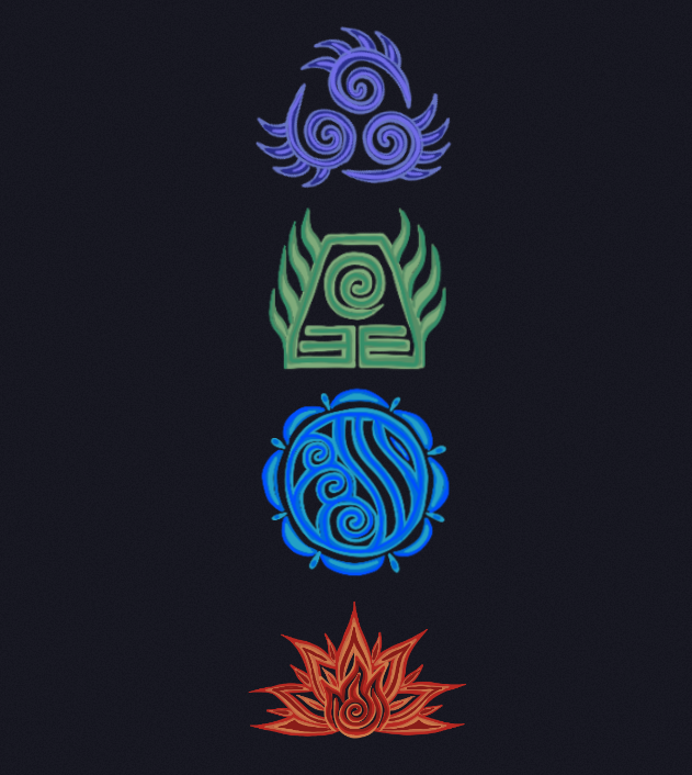 redesign of the four nations' symbols from avatar the last airbender, 2025 // procreate
