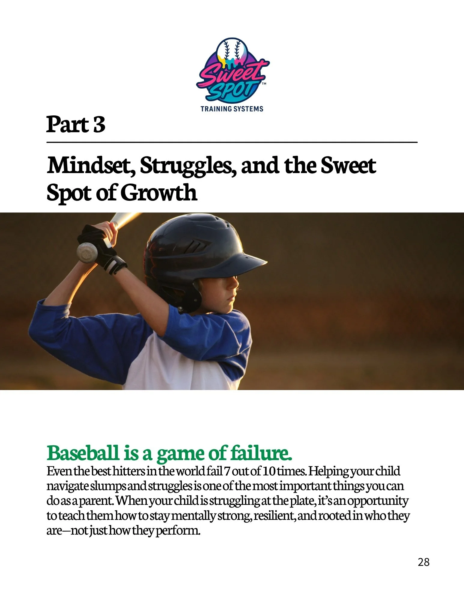 Book cover page of "Sweet Spot Training Systems" with a child in a baseball helmet holding a bat, titled "Part 3 Mindset, Struggles, and the Sweet Spot of Growth," featuring an article about baseball struggles and mental resilience.