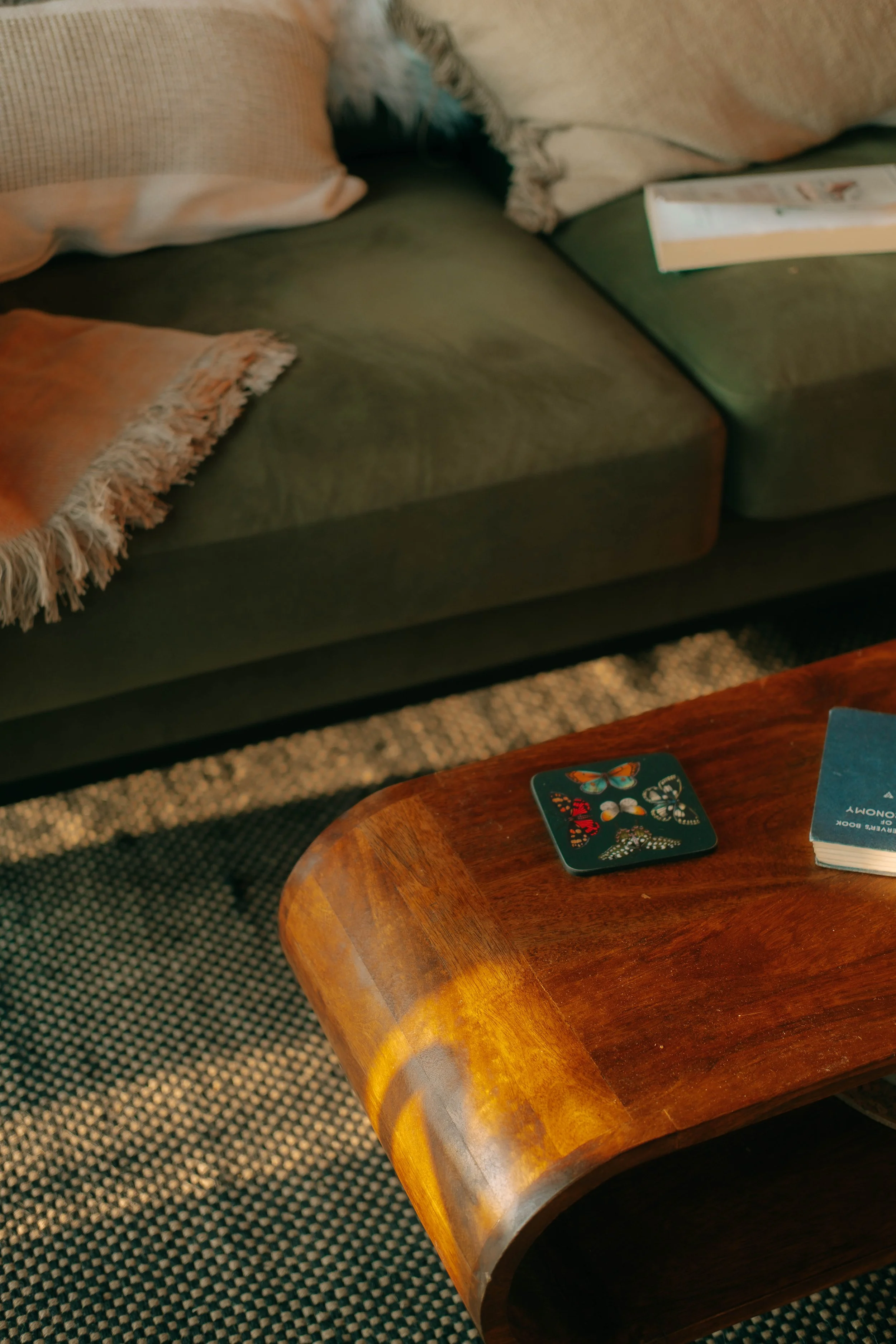 Close-up of a wooden coffee table with a puzzle piece, a blue book, and patterned area rug in front of a green sofa with pillows and a blanket, with a tabby cat laying on the sofa.