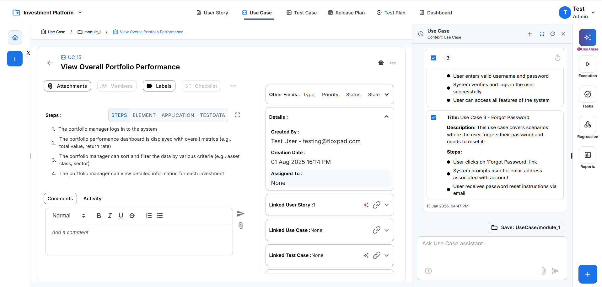 Screenshot of a project management software interface in Floxpad showing a use case for a 'Forgot Password' feature, with steps, details, and comments.