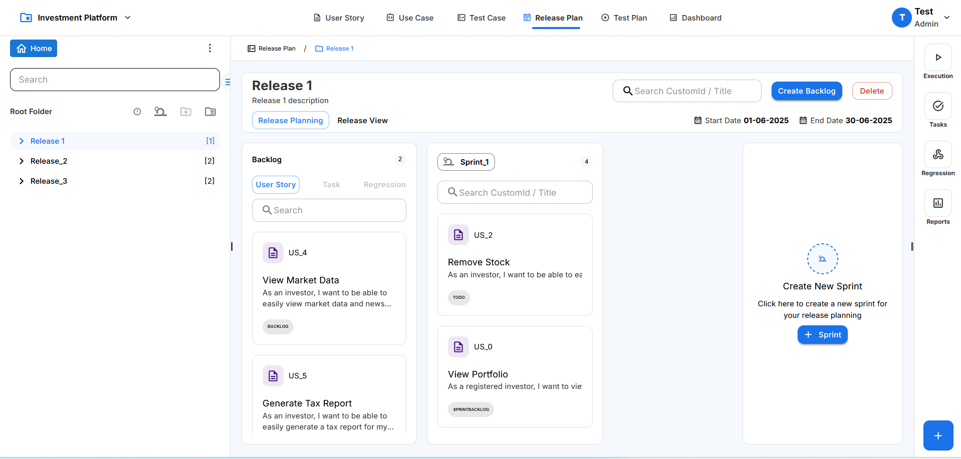 A web-based project management dashboard in Floxpad for tracking an investment platform, specifically focusing on a release plan. The interface shows a sidebar with folders for Release 1, Release 2, and Release 3.