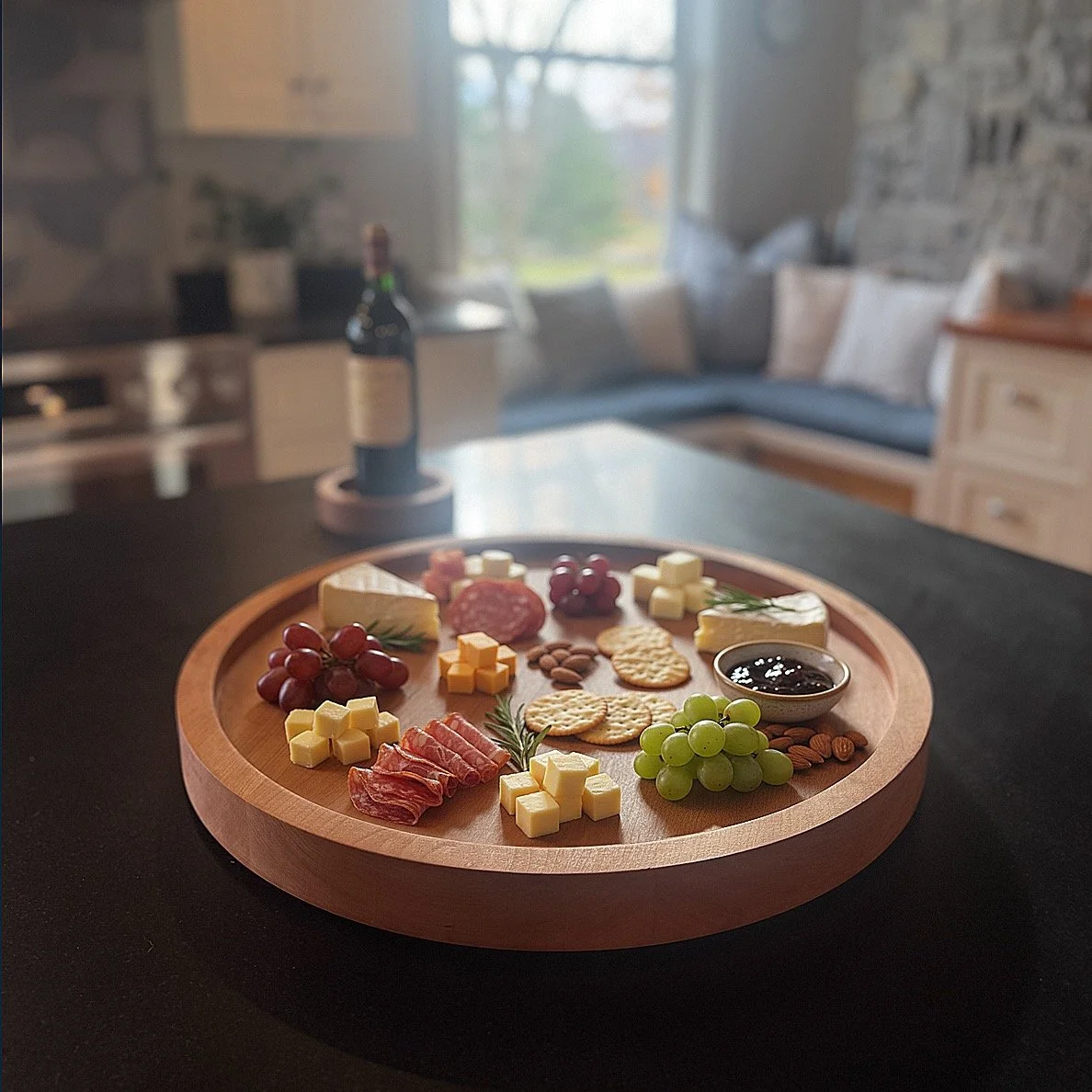 Make a modern, stylish impression at your next party or gathering. Our 20&rdquo; Revolving Tray is 1.75&rdquo; thick, with a recessed heavy-duty revolving base, and finished with a natural, food-safe mineral oil. Available in Cherry, Walnut, Sapele, 