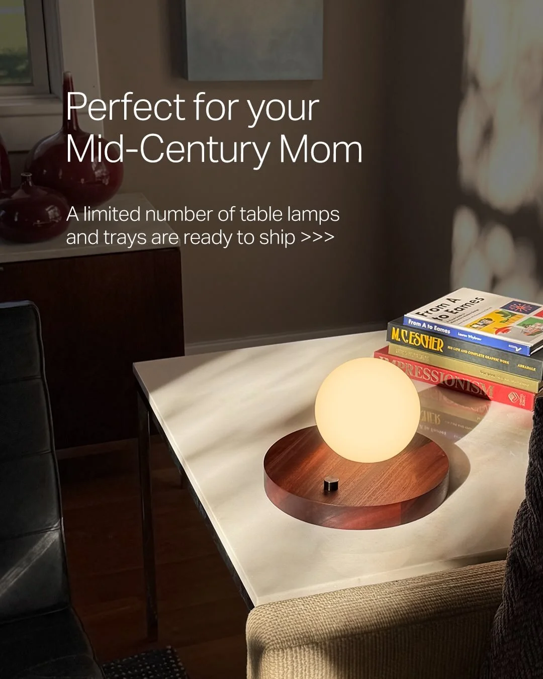 The mid-century mom in your life would love a handmade, modern table lamp or tray. Four types of hardwood. Three tray sizes. Free shipping. 30 day returns. Plus 10% off your first purchase. Order by May 3 to arrive in time. 🥰

#modern #minimal #made