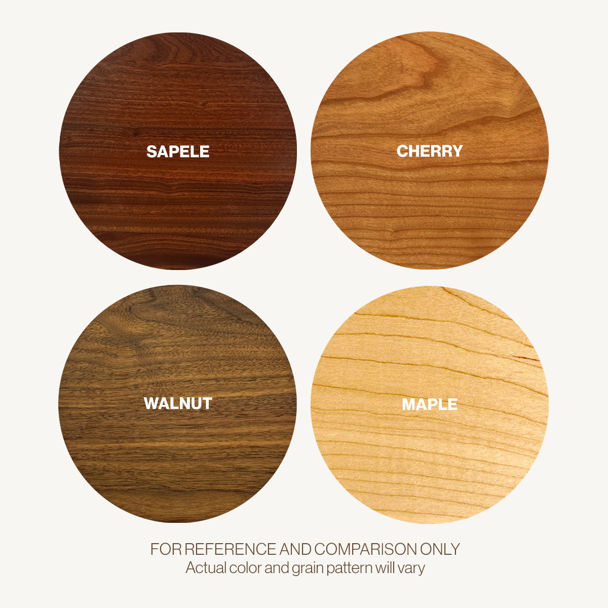 ella/Hague wood swatches: Sapele, Cherry, Walnut, and Hard Maple