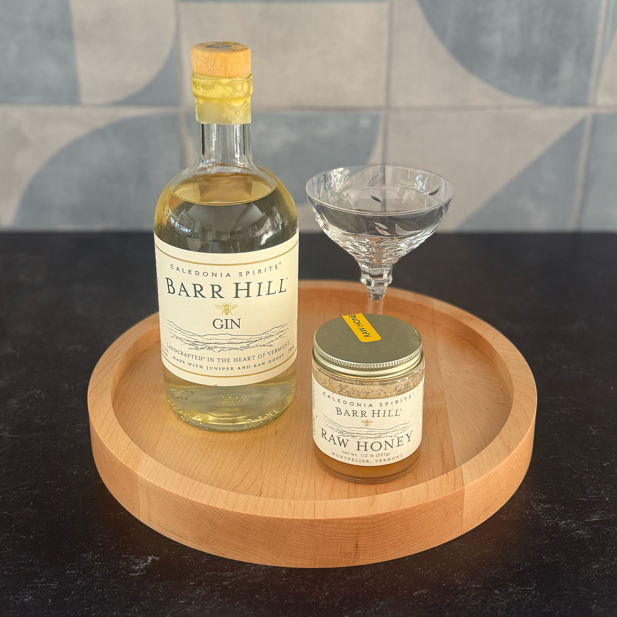 12inch Bar Tray with gin bottle, minimal, modern, solid Maple Wood