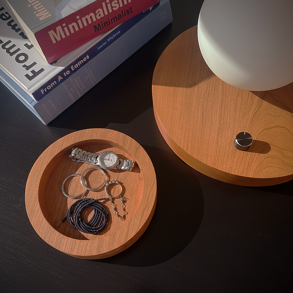 6 inch catch-all tray, Zella Table Lamp, minimal, modern, solid cherry hardwood