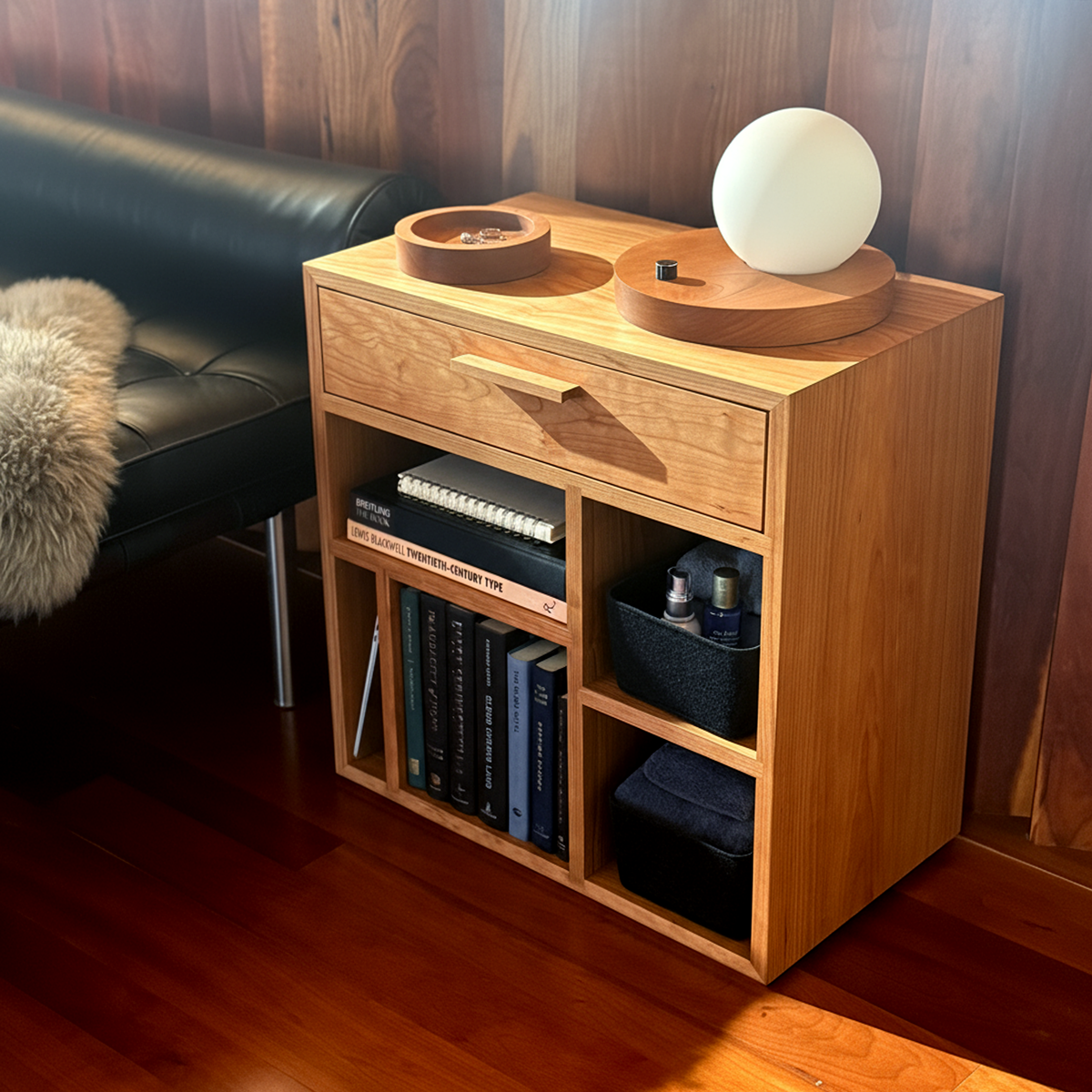 Simone Bedside Table, midcentury, minimal, modern, solid wood, Barcelona lounge