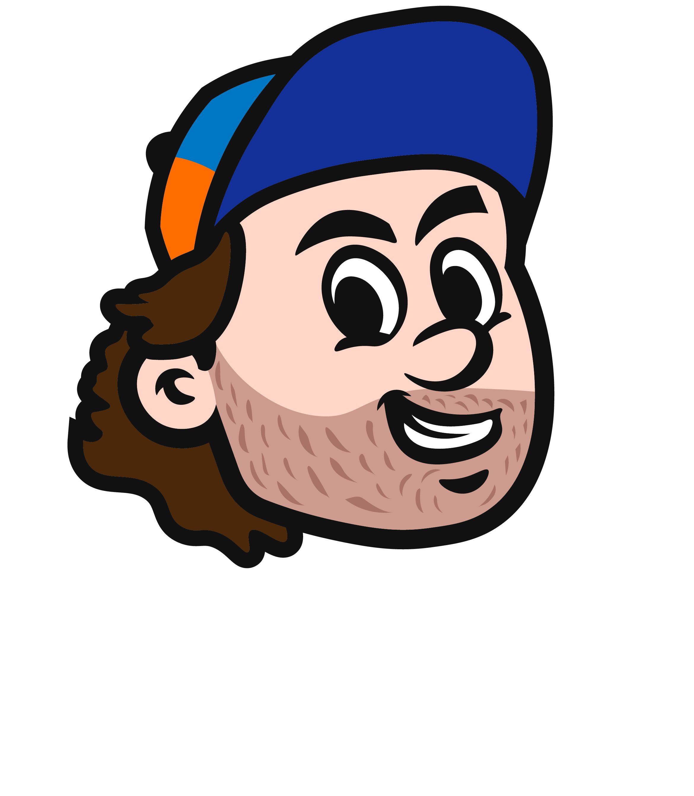 A cartoon-style smiling man with brown hair, beard, and wearing a blue cap with orange accents, logo text 'MR. TEES' and description 'screen printing & embroidery' below.