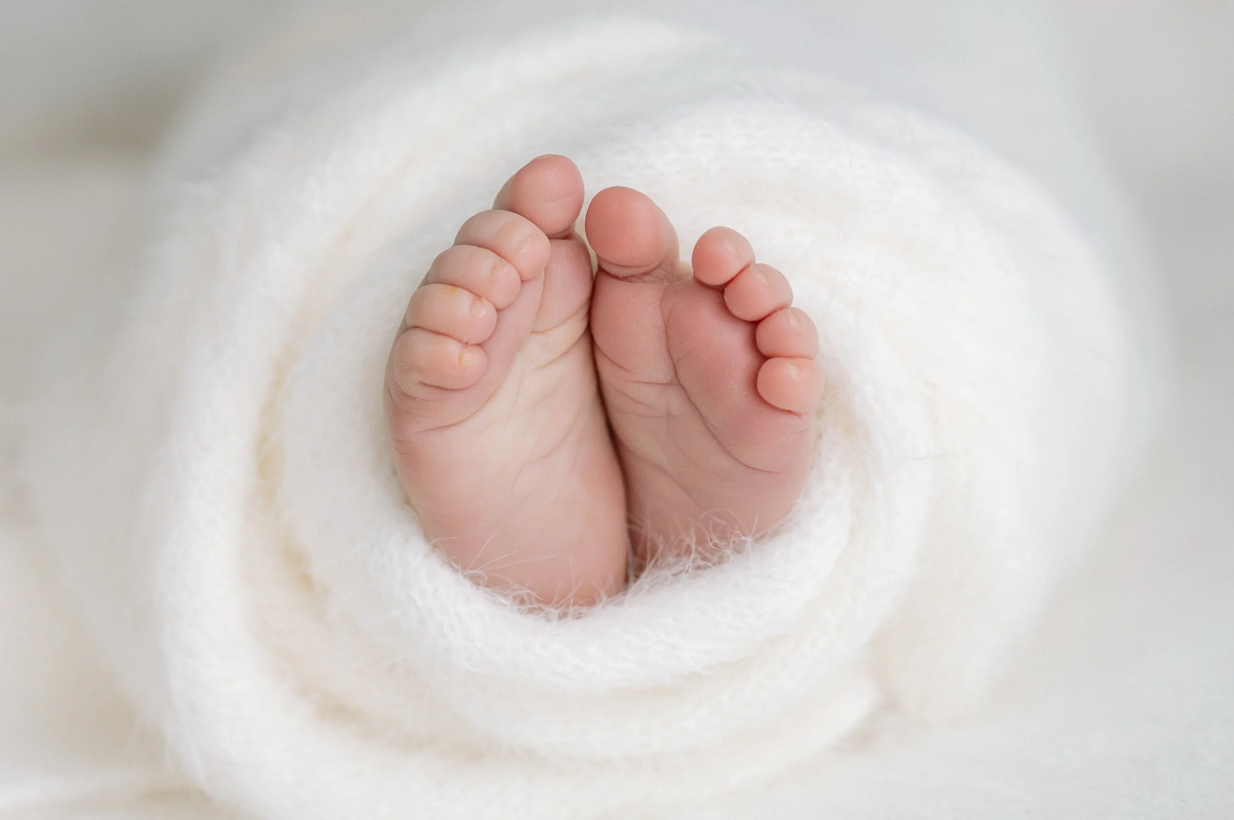 Detail photograph of a newborn baby's feet wrapped in a soft white blanket, captured in a natural light photography studio in Doncaster.