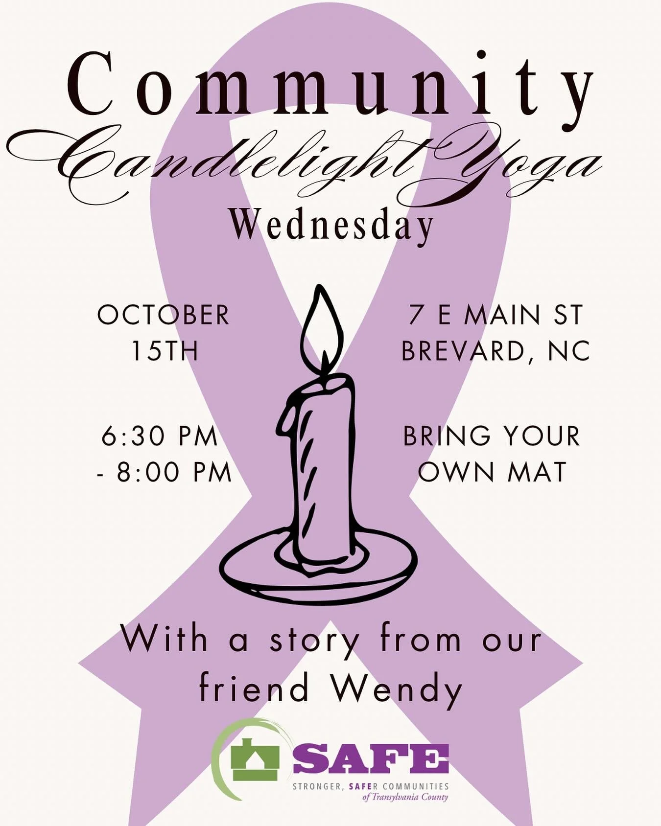 Join us for Community Candlelight Yoga this Wednesday at 6:30 PM &mdash; featuring a powerful story from our friend Wendy in honor of Domestic Violence Awareness Month. 💜