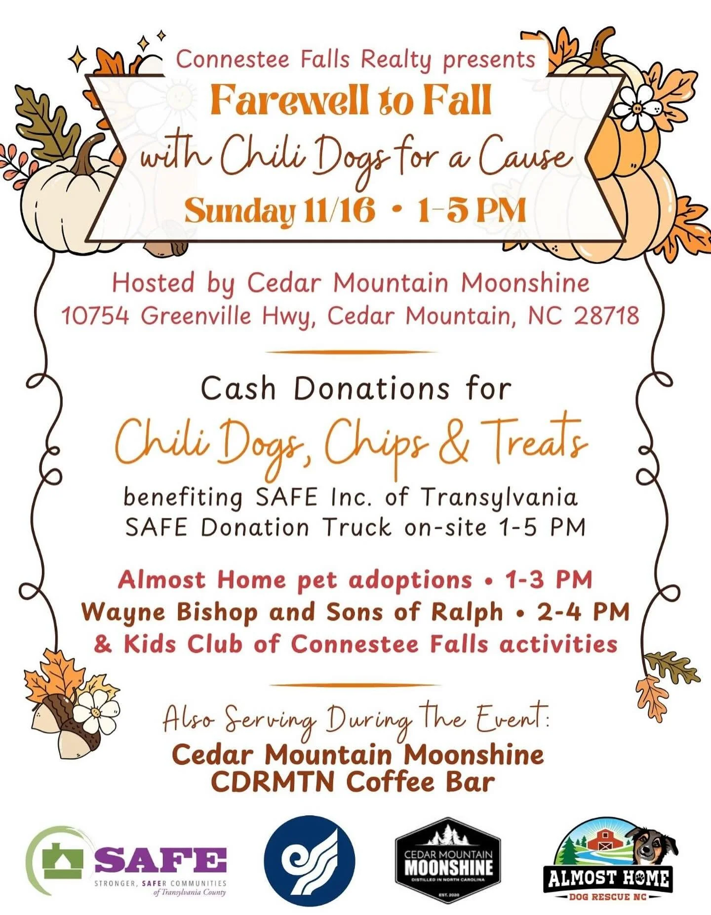 A big thank you to @connesteefallsrealty for hosting Farewell to Fall, with Chili Dogs for a Cause! 🌭🍂 

Come out this Sunday, Nov. 16 from 1&ndash;5 PM at @cedarmountainmoonshine for a fun afternoon of food, music, and community. We can't wait to 