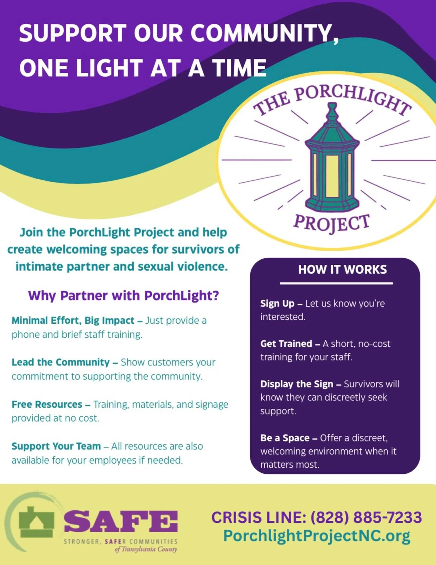 We&rsquo;re excited to be working alongside @ourvoicenc on the @porchlightprojectnc . Through this initiative, local businesses and organizations can become a place where survivors of intimate partner and sexual violence know they can quietly seek su