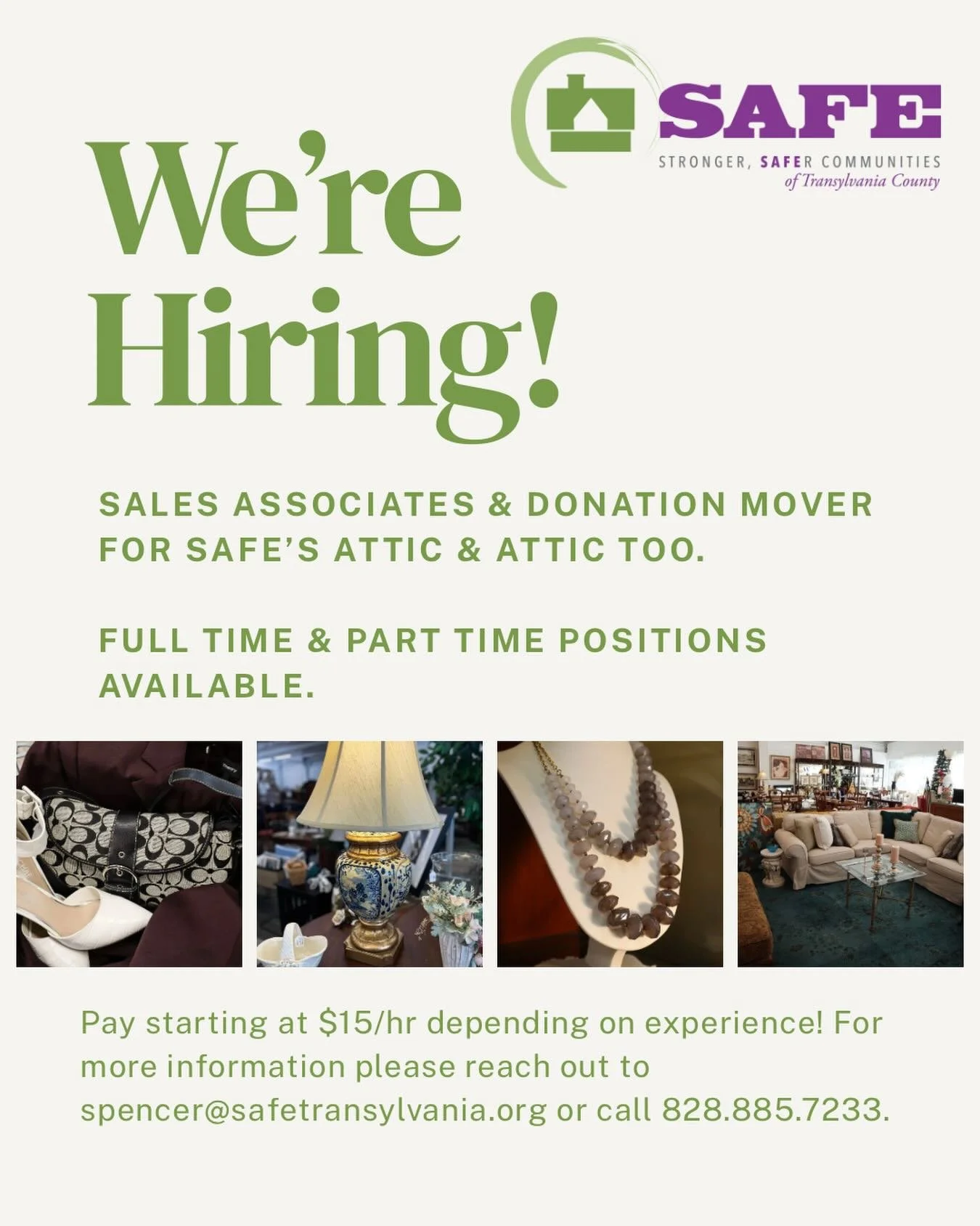 We&rsquo;re hiring! 💚

SAFE&rsquo;s Attic &amp; Attic Too are looking for Sales Associates and Donation Movers to join our team. Whether you love connecting with people, creating welcoming spaces, or giving back to the community through meaningful w