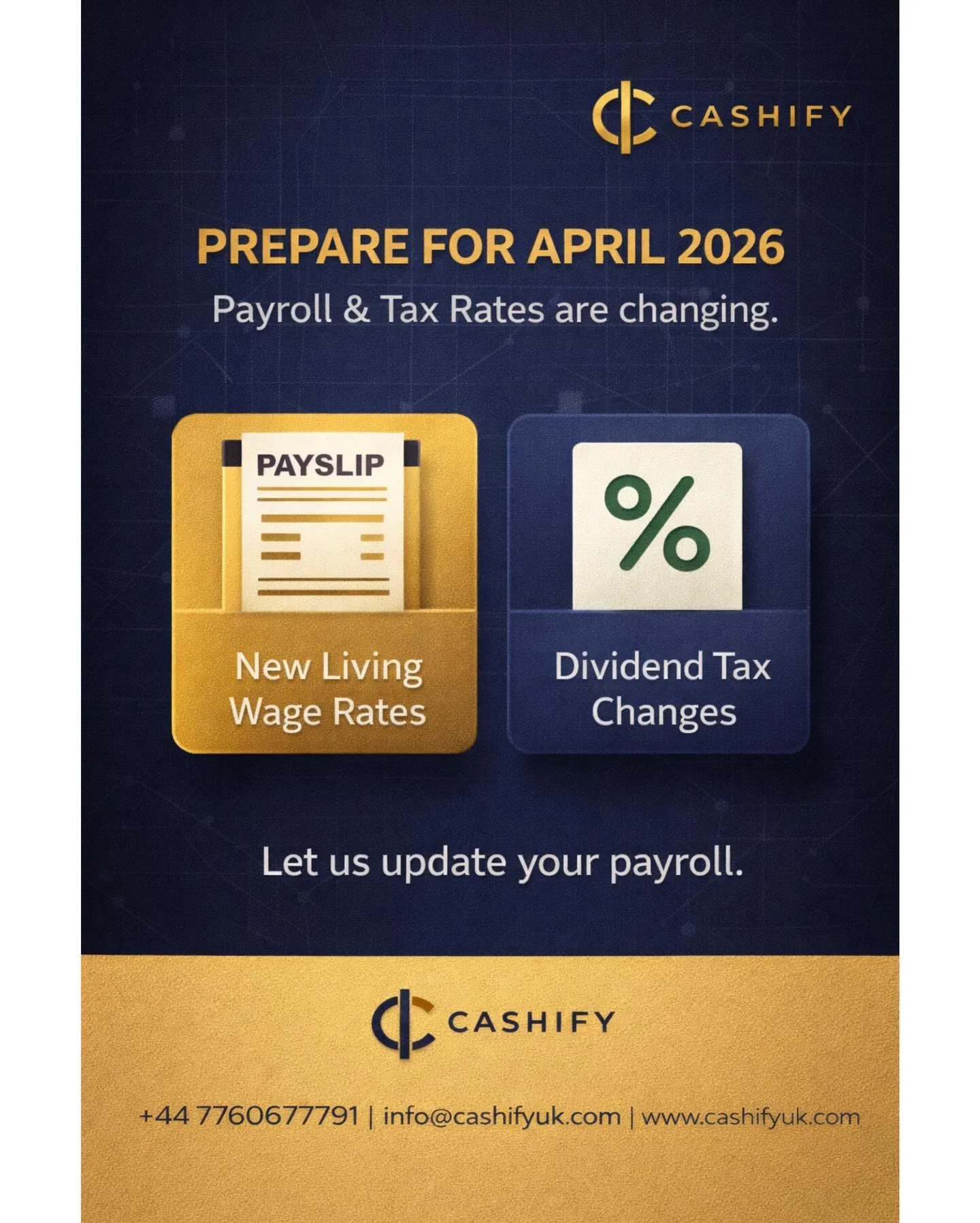 📢 Prepare for April 2026!

Payroll &amp; Tax rates are changing &mdash; are you ready?

✔️ New Living Wage Rates
✔️ Dividend Tax Changes

Don&rsquo;t wait until the last minute. Let us update your payroll and keep your business compliant and stress-