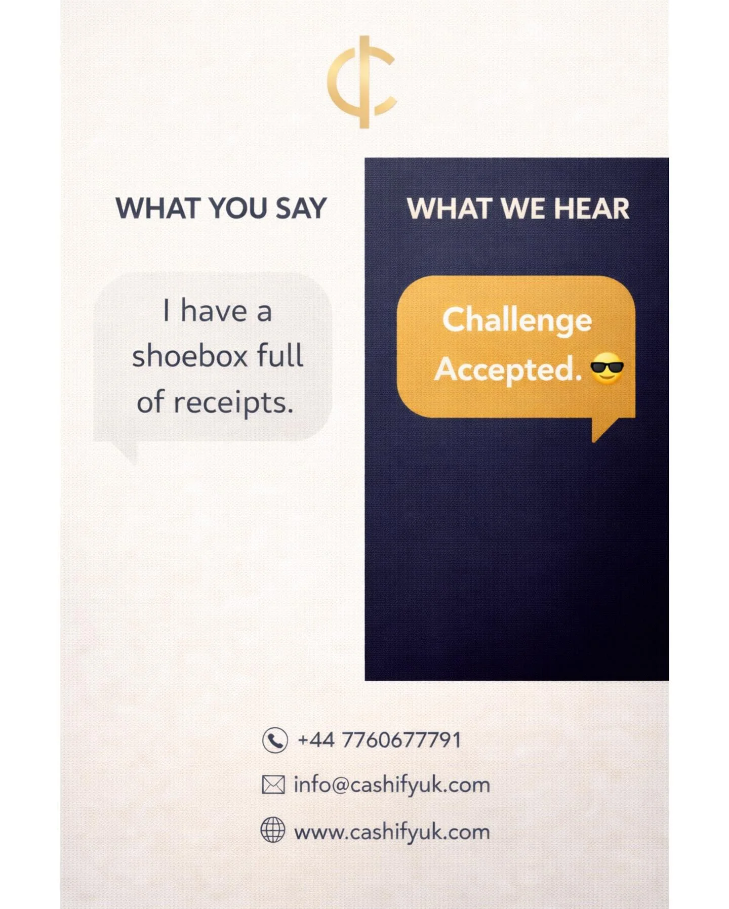 Receipts in bags.
Invoices in emails.
Spreadsheets half-finished.

Sound familiar?

Where you see chaos, we see opportunity &mdash; to organise, optimise, and make sure you&rsquo;re claiming everything you&rsquo;re entitled to. 💼✨

No judgement. Jus