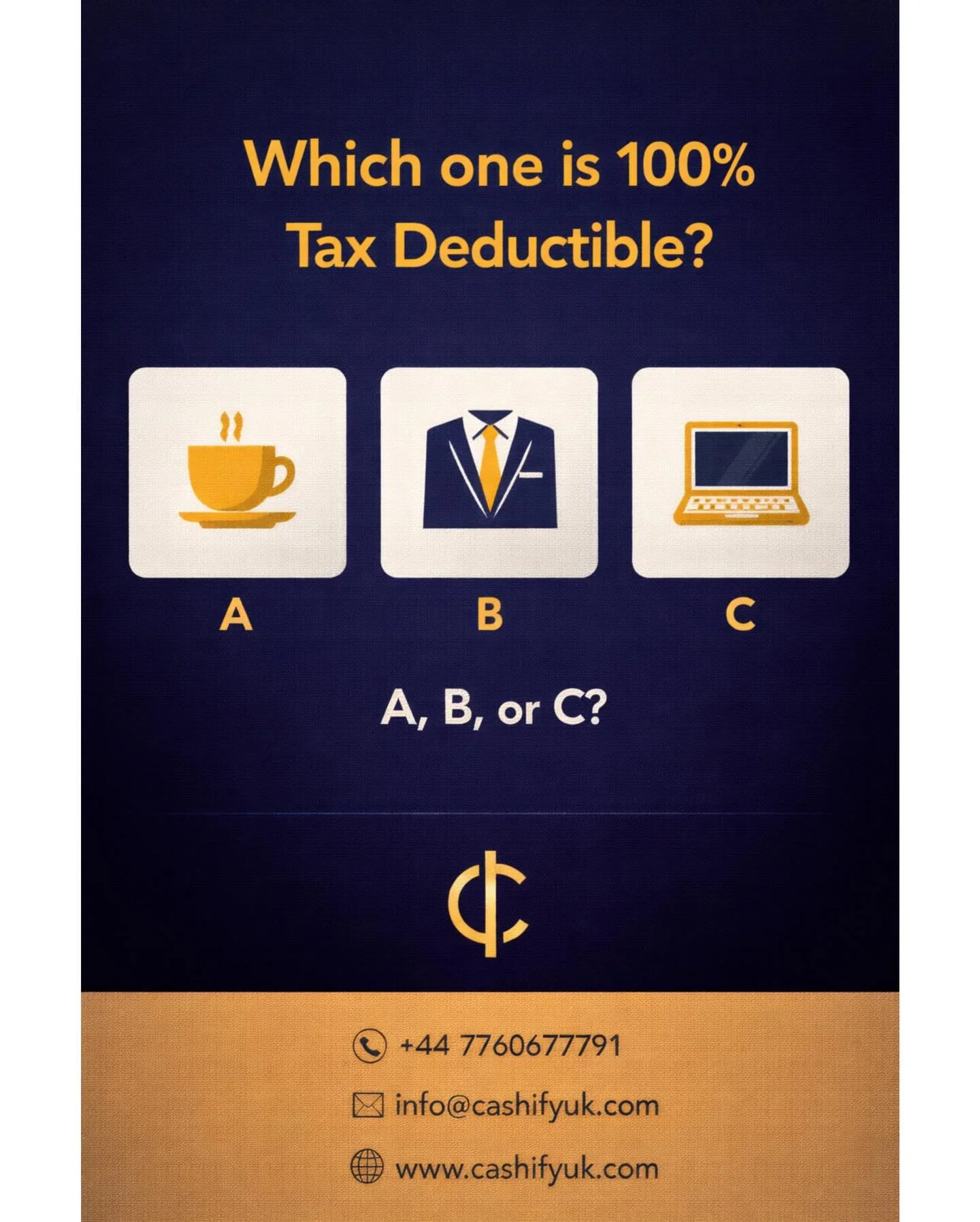 Quick question for business owners 👇

Which expense is 100% tax deductible?
A ☕
B 👔
C 💻

Drop your answer in the comments 👇

Tax rules aren&rsquo;t always as straightforward as they seem &mdash; and claiming incorrectly can cost you. The right ad