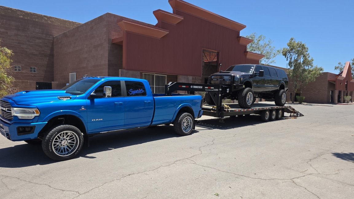 Our Ram 3500 that we use to tow our SEMA Build. A fully custom Ford Excursion meshed with a Ford F250 Super Duty extended with 6 doors.