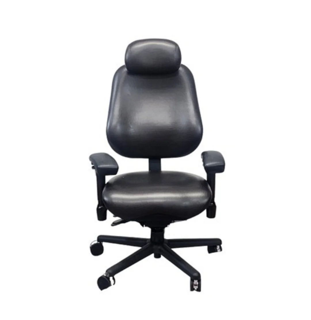Black ergonomic office chair with adjustable armrests and a high backrest.