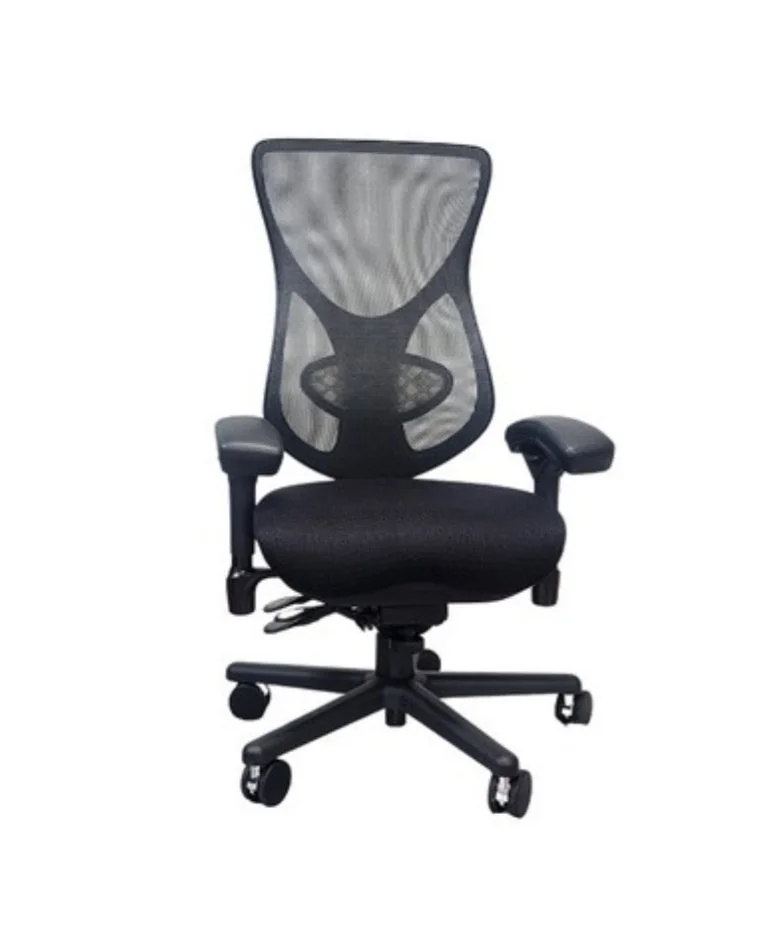 Black ergonomic office chair with a mesh backrest and adjustable armrests.
