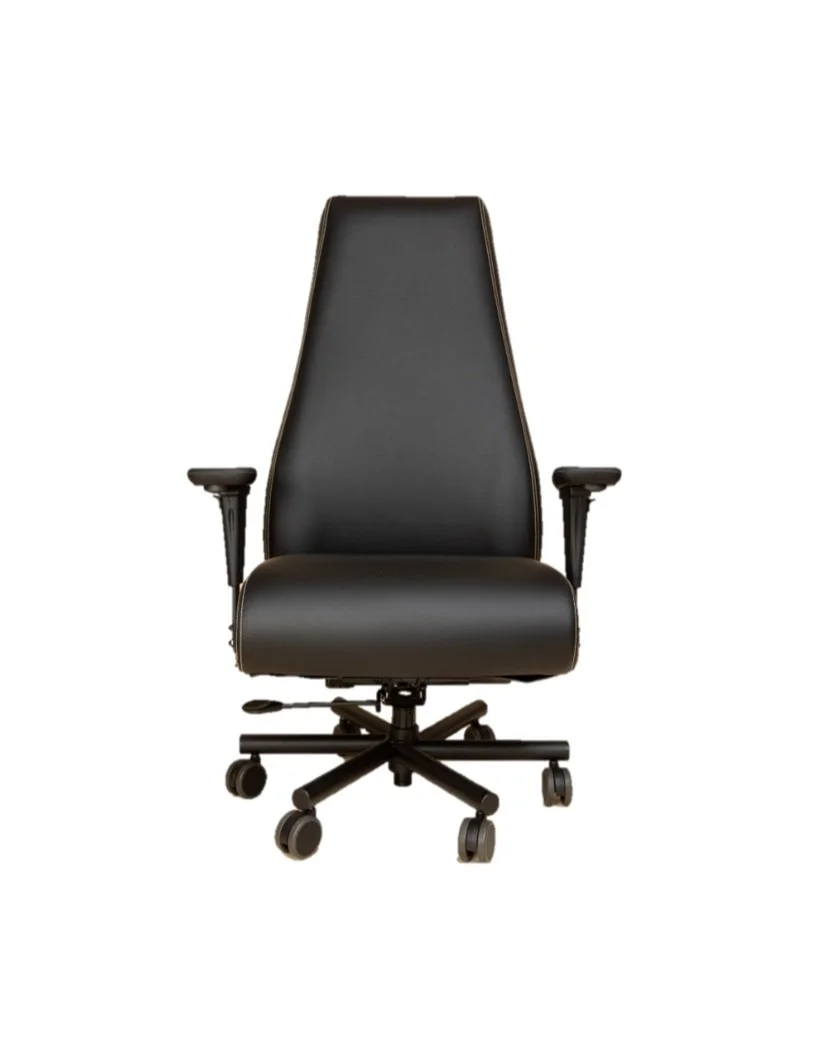 Black ergonomic office chair with adjustable armrests and caster wheels, viewed front-facing on a white background.