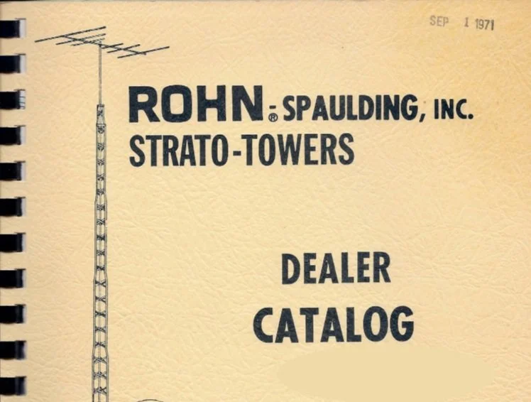 Cover of a 1971 dealer catalog for Rohn and Spaulding, Inc. Strato-Towers featuring a drawing of a radio tower.
