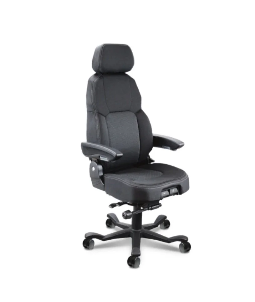 Black ergonomic office chair with adjustable armrests, headrest, and five caster wheels, isolated on white background.