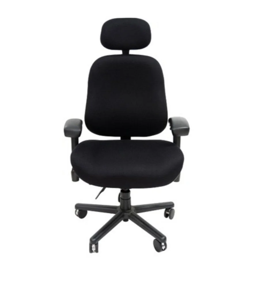 Black ergonomic office chair with adjustable armrests, padded seat, and backrest, and a headrest, on a five-wheel base.