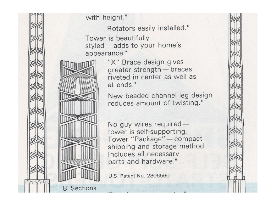 A diagram and description of a tower with features such as height adjustment, easy-to-install rotators, a stylish design, 'X' brace for strength, beaded channel leg design, self-supporting structure, and compact shipping. The diagram shows the tower with an '8' sections' label and mentions a US patent number.